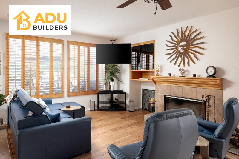 A well-furnished ADU interior featuring a compact yet stylish living space, demonstrating its versatility for rental income or multigenerational living.