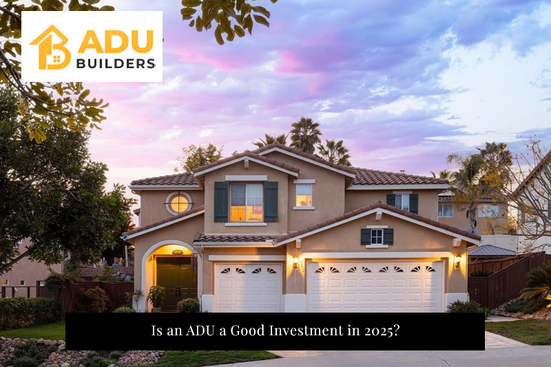 A beautifully designed modern ADU with large windows and a landscaped yard, showcasing its potential for increased home value and investment benefits.
